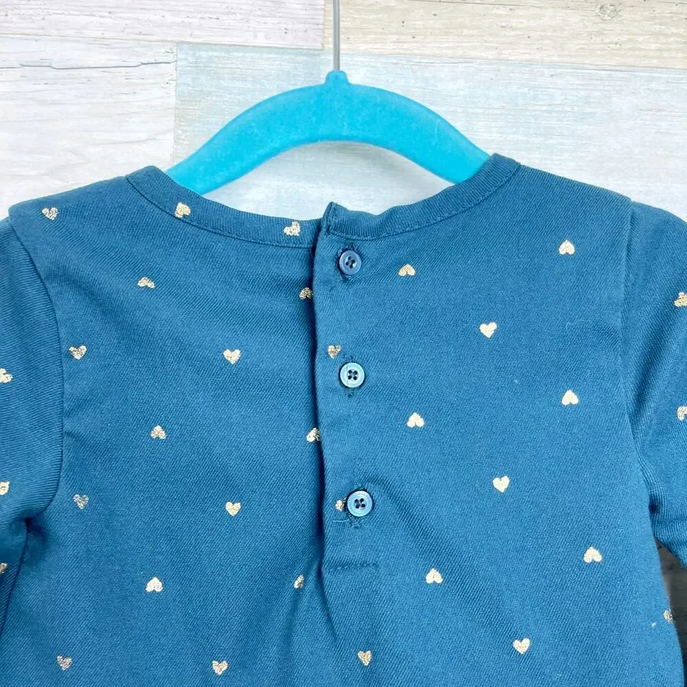 Carters Gold Foil Heart Dress Blue Fit & Flare Bow Toddler Girl 18M 18 Months